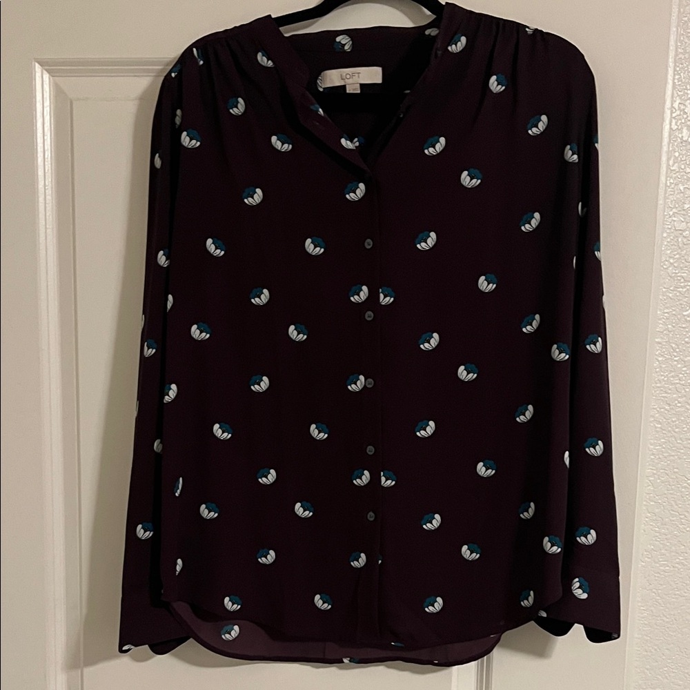 LOFT Women's Plum Blouse with Teal and White Pattern